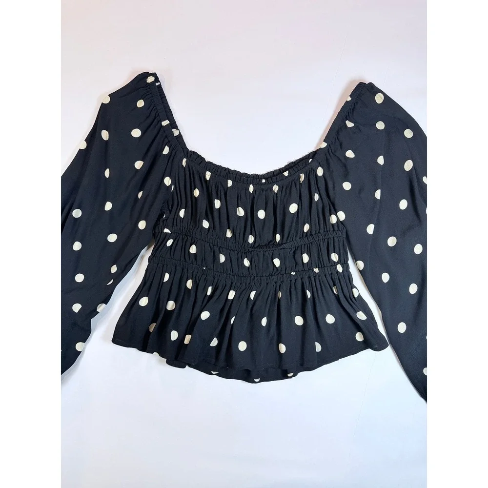 J.Crew Smocked Peplum Blouse Womens Medium Black Polka‎ Dot Long Sleeve